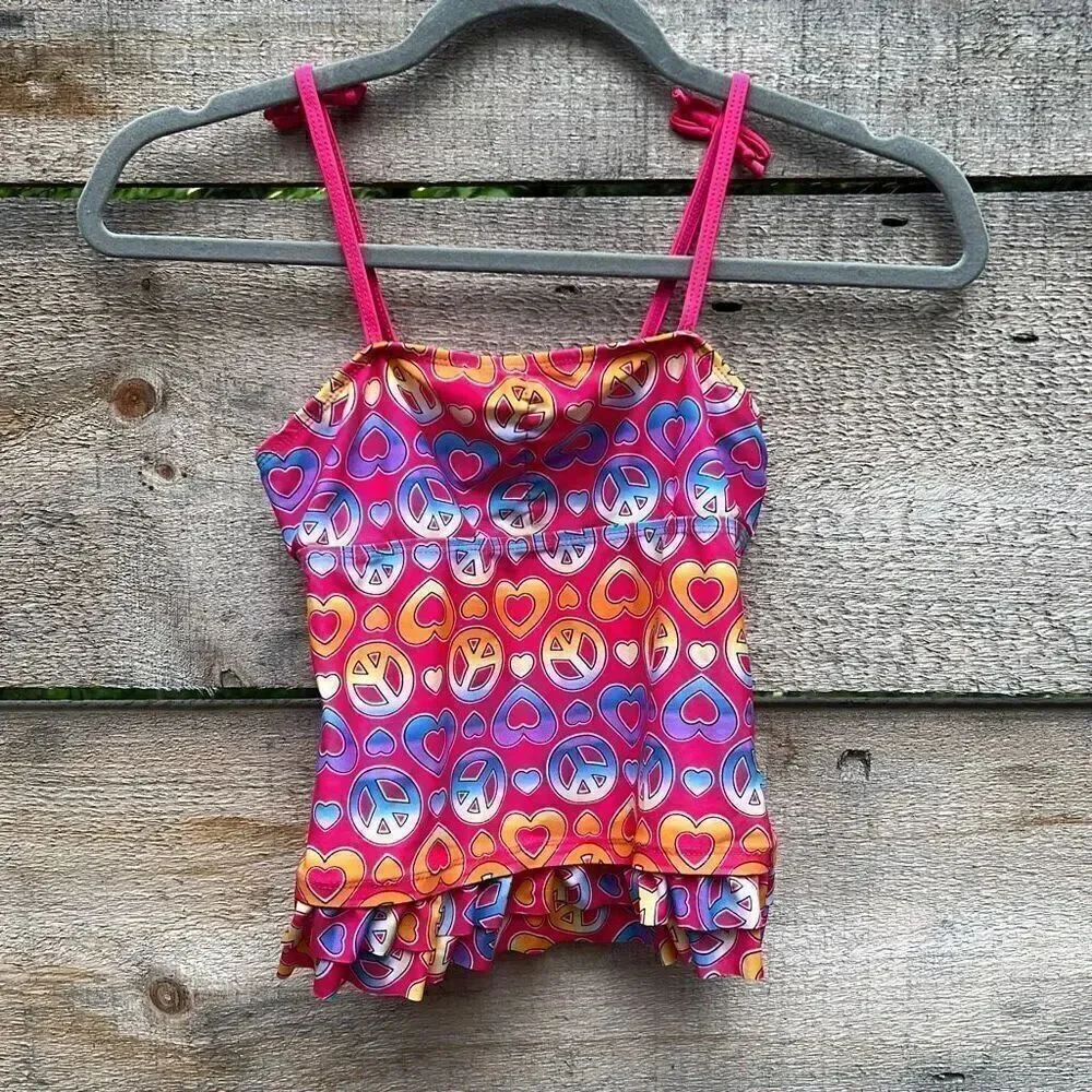 Kid's Multicolor Peace Heart Allover Print Sleeveless Swimwear Size 10/12